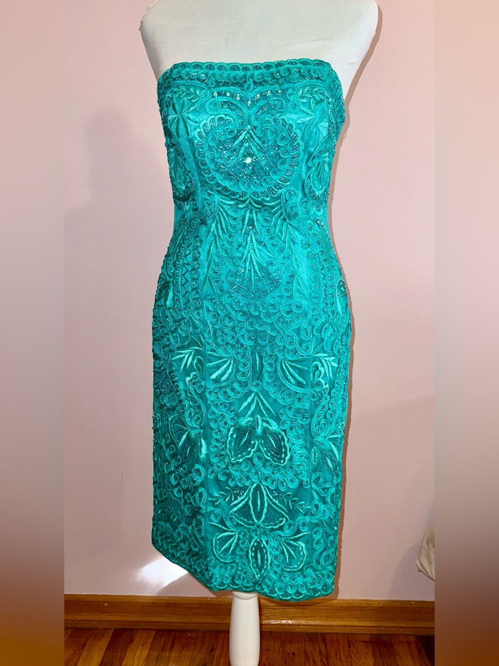 Sue Wong Strapless Turquoise Beaded Embroidered Sheath Dress